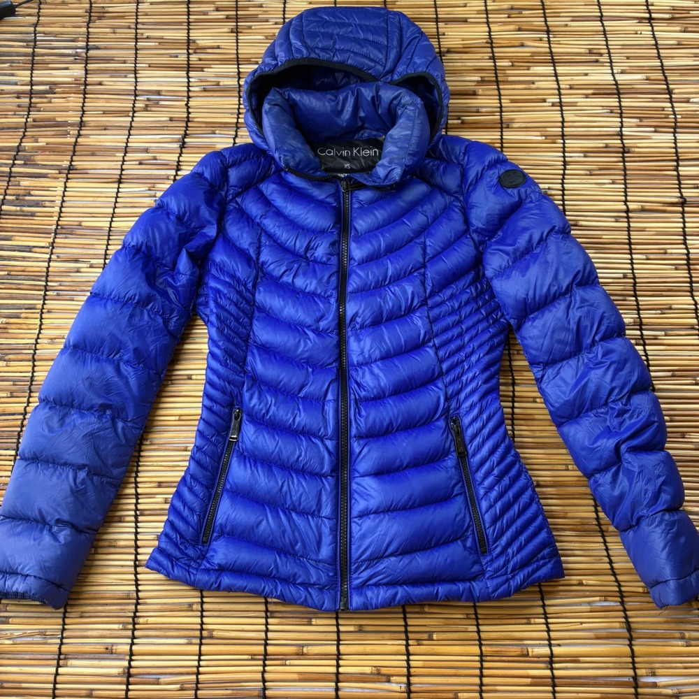 Calvin Klein Womens XS RoyalBlue Packable Down Puffer Jacket Hooded Quilted Coat